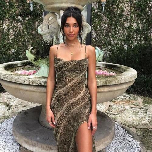 Snake Print Chiffon Sexy Women Long Party Slip Maxi Sheer Dress Strap Backless Slit Elegant Autumn Clothes