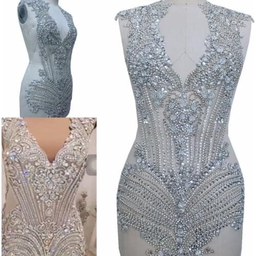 Gorgeous Rhinestone Applique On Mesh, Bodice Patch, Heavy Beaded Applique, Prom Dress Applique