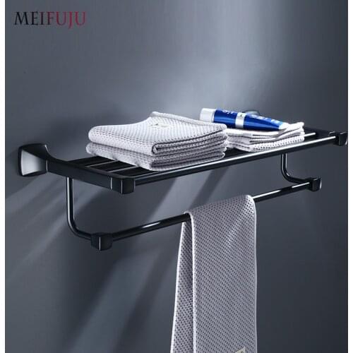 Bathroom Towel Rack Black Bathroom Towel Shelf Holder Double Towel Shelves Bar Wall Mounted Bath Hardware Bathroom Accessories