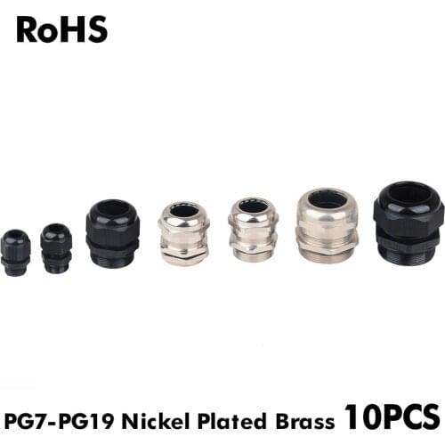 Waterproof Cable Gland Connector IP68 Brass Metal PG7 for 3-6.5mm PG9 PG11 PG13.5 PG16 PG19 10Pcs