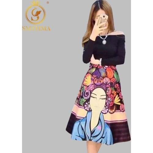 High Street Designer Clothing Womens Black Slash Collar Blouse +Two Piece Colorful Cartoon Printed Skirt Set