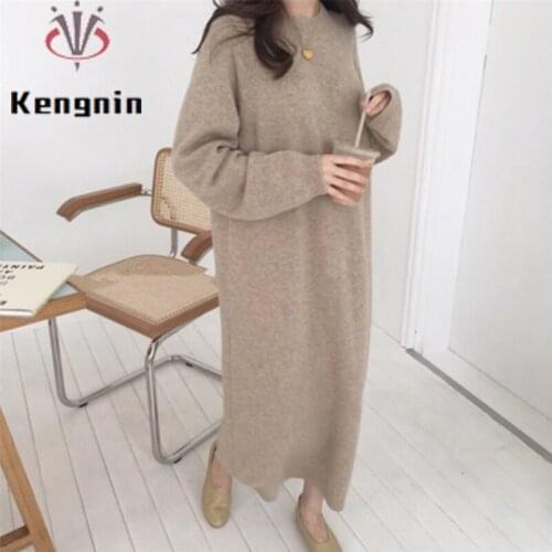 Autumn Winter Chic Women Knitted Dresses Loose Lazy Style Sweater Ladies Pullovers Dress Thick Midi-Long Sweater Robe KE1869