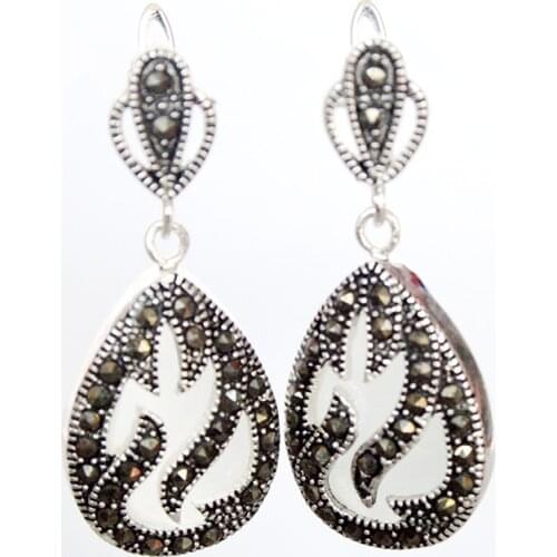 11/2" late trend Tibetan Silvers & Marcasite inlay white opal Waterdrop Earrings