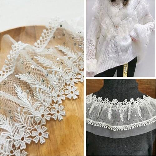 2yards White Mesh Sequin Embroidery Pleated Lace Accessories DIY Sweater Cuff Collar Decorated Clothing Trimming Sewing Material