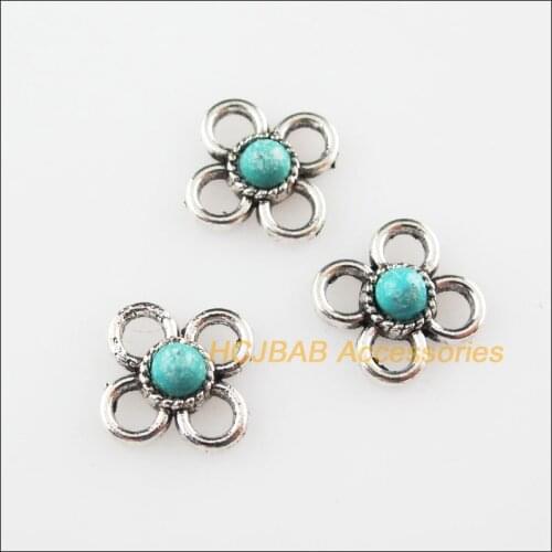 25Pcs Retro Tibetan Silver Tiny Flower Stone Charms Connectors 9.5mm