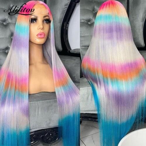 ALIFITOV Rainbow Ombre Lace Front Wig Silky Straight Wig With Baby Hair pre plucked Colored Human Hair Wigs for Women