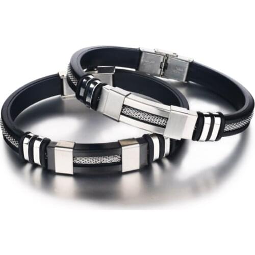Stainless Steel Silicone Black Bracelet Men WristBand Punk Style New Design Men Bracelet Simple Rubber Charm Pulsera Hombre