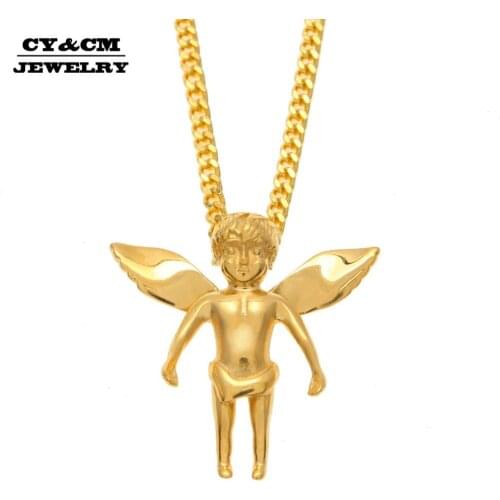 CY&CM Men Women Angel Wing Pendant Stainless Steel Gold Rhodium Color Iced Out Angel Baby Hip hop Necklace Chain Fashion Jewelry