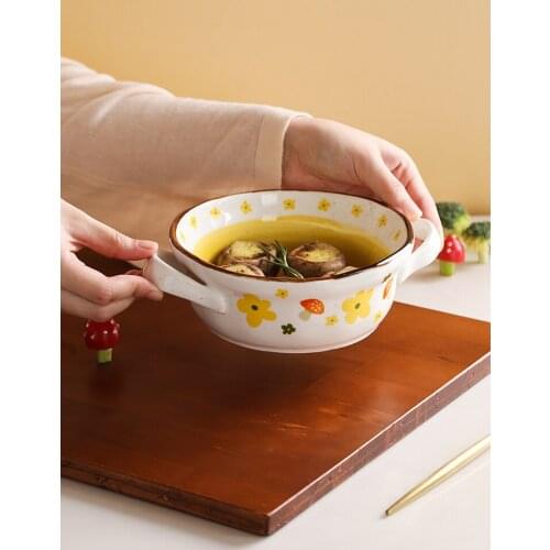 Double ears ceramic bowls cute single noodle salad desserts bowl 6inch food container Japan style ins popular cutlery 564ml