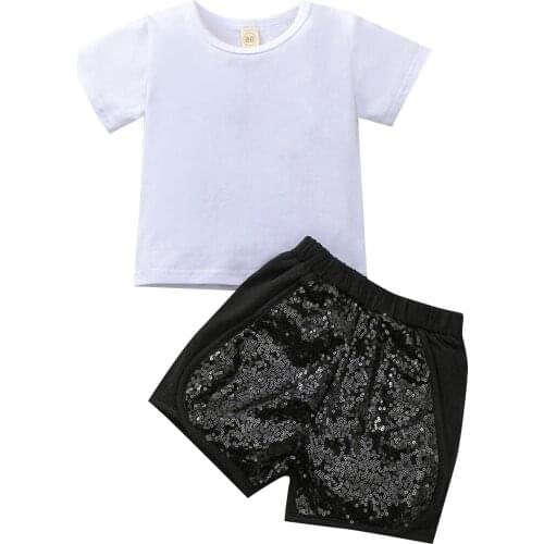Toddler Baby Girls 2Pcs Summer lovely Outfits pullover round neck Short Sleeve Back Wings T-Shirts sequin Shorts Casual Set