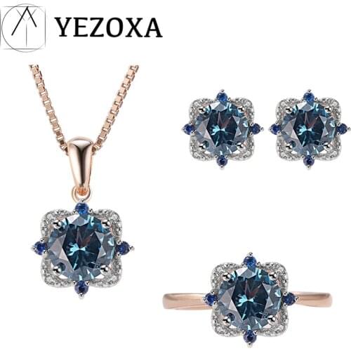 YEZOXA Real 925 Sterling Silver Jewelry Sets London Blue Topaz Gemstone For Women Birthday Wedding Fine Jewelry Rose Gold Plated