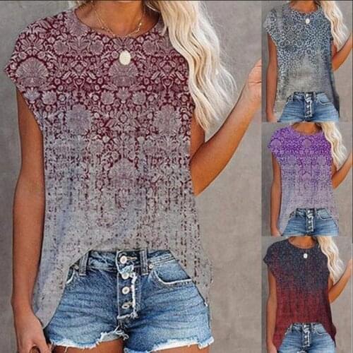 Summer Womens Loose T Shirt Ladies Tops Gradient Printed Tee Short Sleeve Shirt Women Plus Size Pullover Vintage Shirt