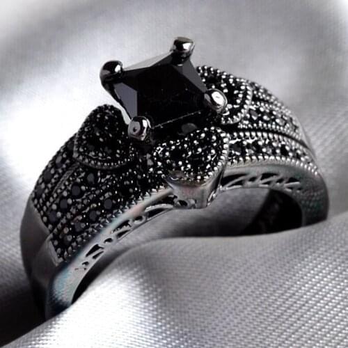 Fashion Black Rhinestones Zircon Ring Set Elegant Heart Rings For Women Jewelry Accessories Anniversary Party Vintage Women Ring