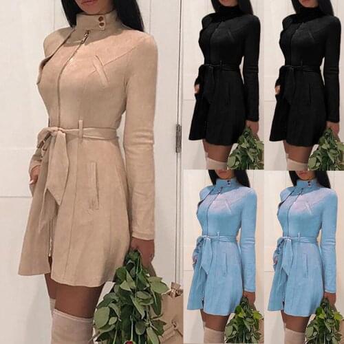 Fashion Women Solid Trench Turtleneck Zipper Bow Bandage Windbreaker Long Coat Overcoat