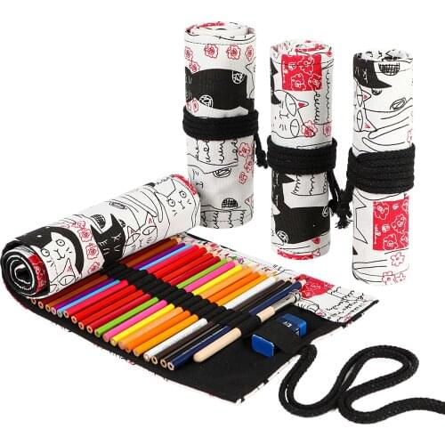 Kawaii Couple Cat Pencil Case 12-24-36-48-72 Holes Wrap Roll Pencil Box Stationery for School Supplies Office Art Pen Bag Pouch