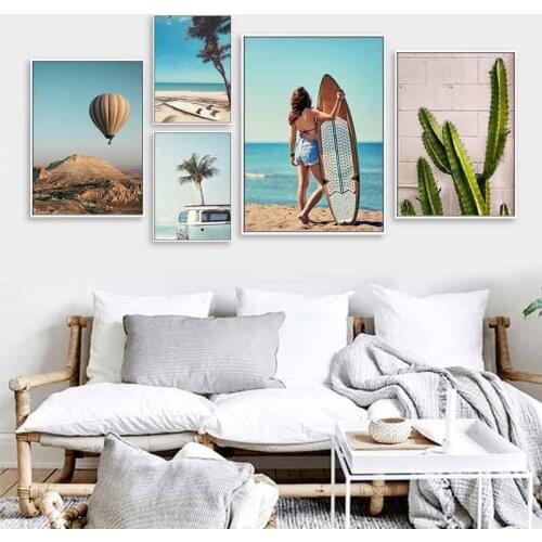 Nordic Ocean Landscape Poster Beach Palm Tree Surfing Desert Canvas Painting Summer Scenery Wall Art Picture Living Room Decor