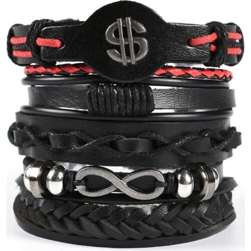 European & American Mens Weaving Leather Bracelet Multi-Layer Set Skull Bracelet Genuine Leather Bracelet Charm Bracelet Gifts