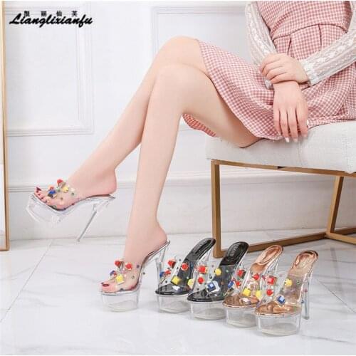 Summer Slippers Women Shoes Crystal Waterproof Platform 14cm Transparent Fish Mouth Sandal Female Rivet Thin High Heels Pumps