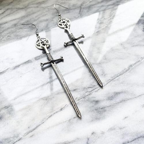 Sword Moon Earrings Gothic Celtic Gothic Medieval Silver Color Classic Warrior Gift Pagan Wiccan Pentacle Drop Earrings