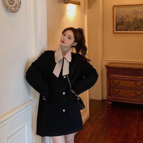 Woolen coat spring and winter new style Hepburn style doll collar single breasted slim loose thick coat