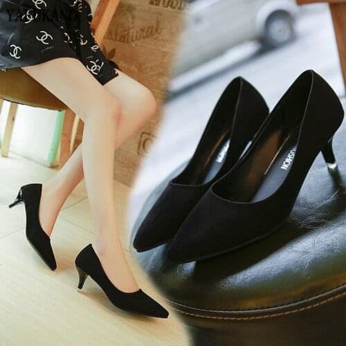 Big Size High Heels Pointed Toe Pumps Patent Leather Dress Shoes Low Heel Office Shoes Woman Faux Suede Ladies Shoes