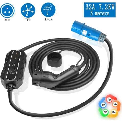 EV Charger Type 2 32 Amp for Portable Electric Vehicle 5 meters CEE Plug 220V-240V Car Charging Cable, IEC 62196-2