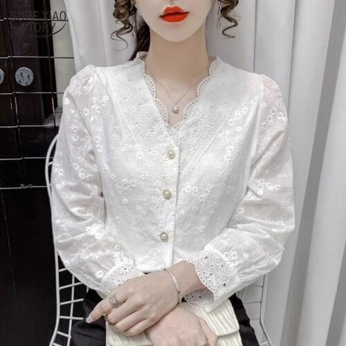 Autumn New White Elegant Woman Top Puff Long Sleeve Flower Crochet Lace Blouse Women French V-neck Hollow Out Shirt Blusas 16650