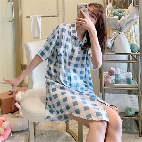 Womens nightgown summer plaid nightdress Korean version of the simple casual home service plus size loose fashion ночнушка