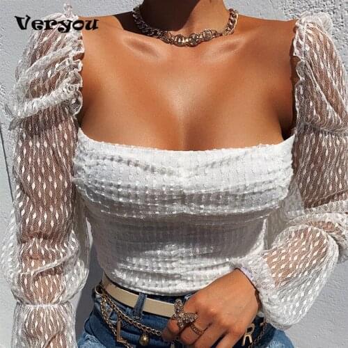 Elegant Spring Autumn Tops Women Shirt Blouse Puff Long Sleeve Lace Tulle Square Collar Sexy Crop Shirt Women Lady Streetwear
