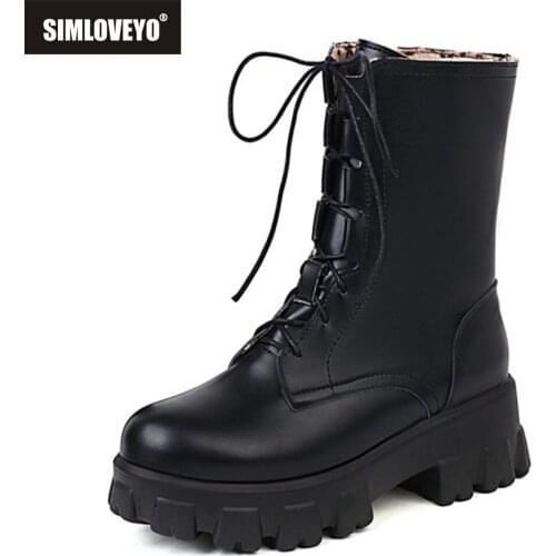 SIMLOVEYO Women Fashion Mid-Calf Boots Shoes Round Toe Thick Bottom Platform Buckle Winter Warm Lace Up Ladies Red 43 S2455