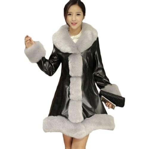 Thick Warm Down Jacket Women Winter Leather Jackets Womens Imitation Fox fur collar long Plus size PU Leather Jackets 4XL F1081