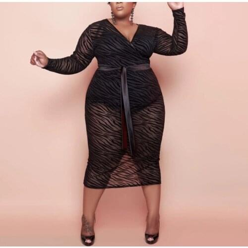 Plus Size Black Mesh Dresses for Womens Bodycon Full Sleeve Autumn Fall V Neck High Waisted Mid Calf Sexy Evening Night Dress