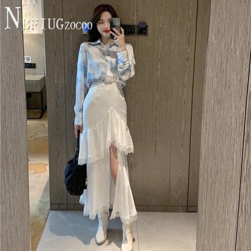 Satin Fabric Tie Dye Blouse And Solid Color Skirt Women Sets Sweet Female Sets