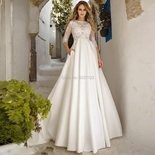 Satin A Line Wedding Dresses Three Quarter O Neck Lace Appliques Wedding Bridal Gowns Button Court Train Vestido De Noiva