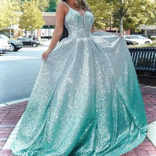 Ombre Prom Dress 2020 Ball Gown Spaghetti Neck Quinceanera Draped Skirt Open Back Formal Party Event Gowns Silver Mint