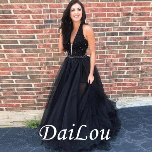 A-Line Sleeveless Length Halter Beading A-Line Floor-Length Black Prom Dress 2021