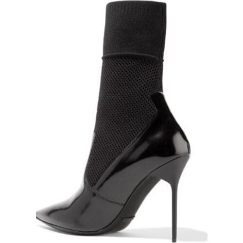 Black Stretch Women Socks Boots Patchwork High Heels Pointed Toe Stilettos Short Botas Slip on Stretchy Heels