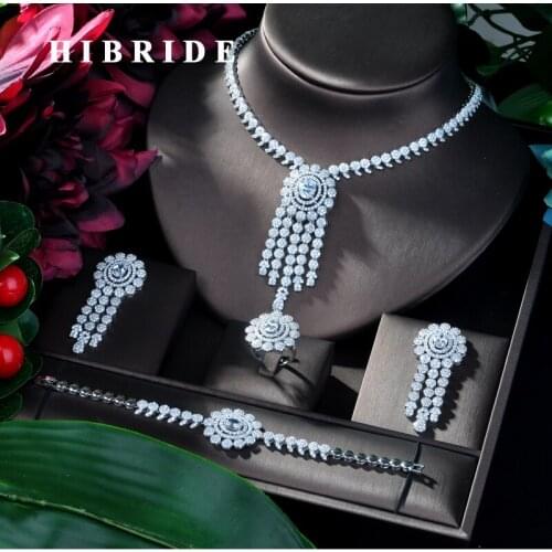 HIBRIDE New Tassel Drop Jewelry Sets Women Wedding Cubic Zirconia Saudi Arabia Statement Necklace Earring Bangle Ring Set N-112