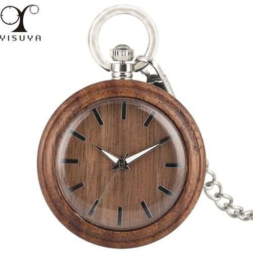 Walnut Wooden Pocket Watch Black Scale Luminous Hands Display Open Face Natural Wooden Timepiece Bronze Chain Pendant Clock