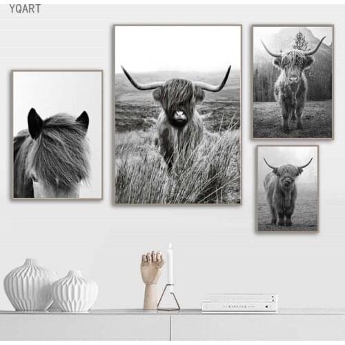 Black and White Highland Cow Canvas Painting Print Farmhouse Decor Wall Art Posters for Modern Home Living Room Decor