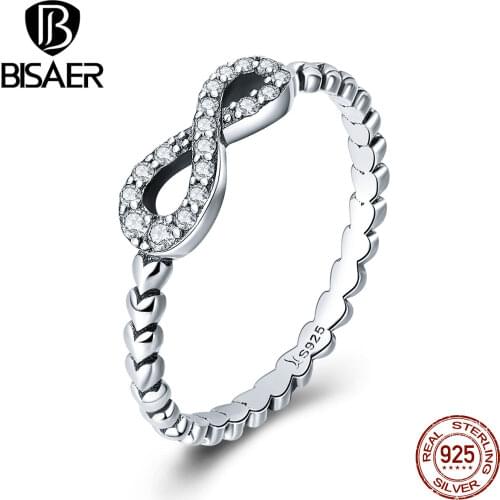 BISAER Authentic 925 Sterling Silver Infinity CZ Infinite Love Forever Rings for Women Wedding Sterling Silver Jewelry ECR414