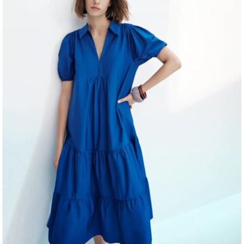 Summer womens casual solid color V-neck short-sleeved loose dress