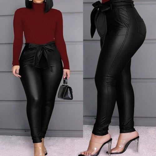 Fashion Casual PU Pants Leather Pants With Detachable Belt Winter Sexy Woman Pants Office Temperament High Waist Pencil Pants