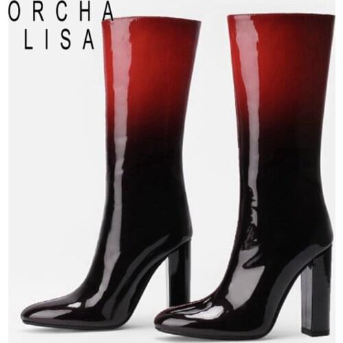 ORCHALISA Women Luxury Brand Mixed Color Modern Knee High Boots Patent Leather Pull On Round Toe Block Heel Winter Ladies S2459