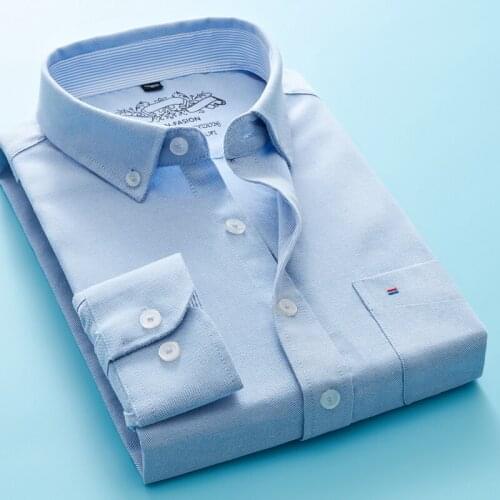 Mens Long Sleeve Shirt Solid Oxford Dress with Left Chest Pocket High-quality Male Casual Regular-fit Tops Button Down Shirts