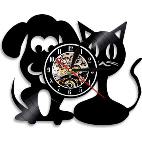 Cat And Dog Wall Clock Pet Clinic Vinyl Record Hanging Watch Animal Hospital Kitty DoggyModern Decor Veterinarian Best Gift