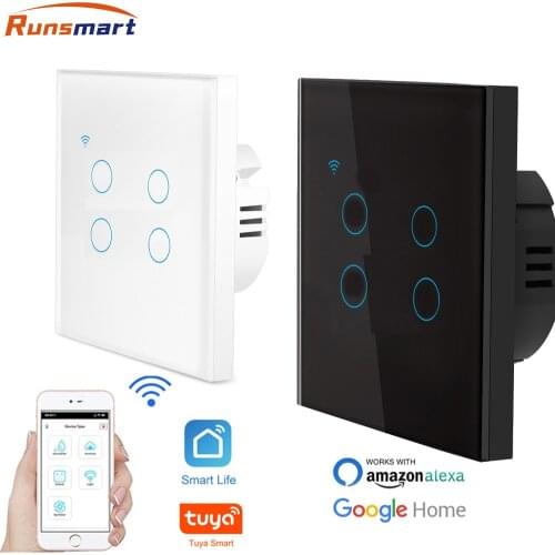 No Neutral Wireless 4Gang Wall Light Switch Glass Screen Touch Panel Wifi Smart Switch Compatible with Alexa Google Home