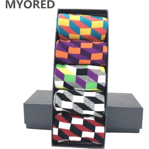 MYORED 5 pair/lot mens socks cotton colorful funny crew socks long vibrant sock for man business dress wedding gift socks NO BOX