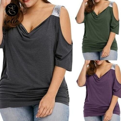 Cold Shoulder T Shirt With Sequin Clothes Strap Shiny Top Plain Oversized T Shirt Sexy Low Cut Pleated Shirt 5xl Plus Size Women