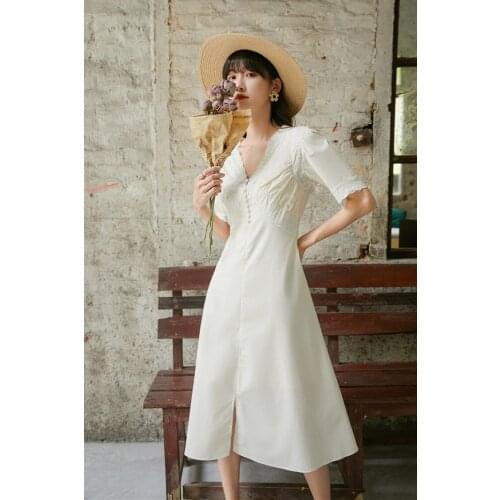 Summer V-neck Daisy Jacquard Retro Dress Women Sexy V-neck White Elegant Party Dress Vestidos